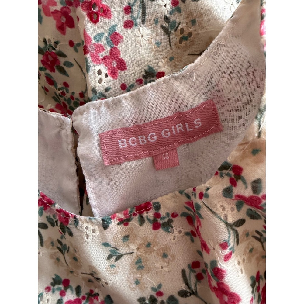 BCBG Girls Floral Eyelet Dress Size 12 Pink Cream Short Sleeve Tiered Ruffle